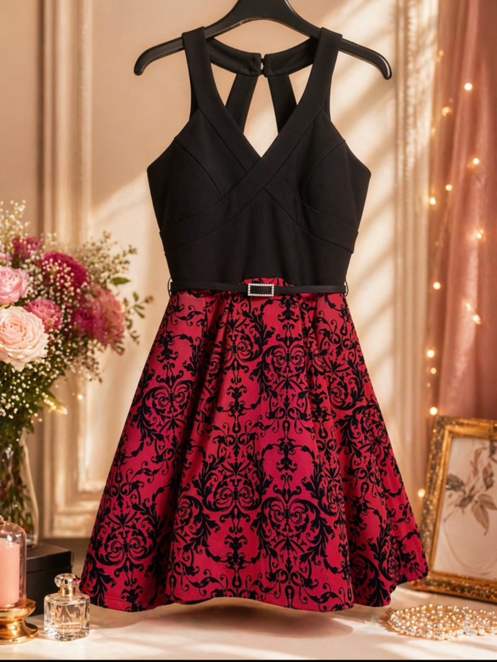 Crystal Doll Black and Red Fit-and-Flare Dress